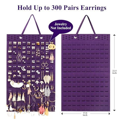 Resovo Hanging Earrings Organizer, Wall Earring Holder with 2 Hooks, Holds Up To 300 Pairs, Compact Design, Soft Material-Dark Purple - color: Dark Purple, size: 22.5*13.6 inches
