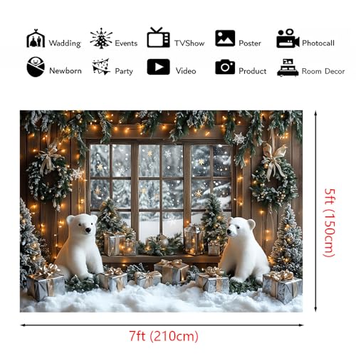 AIBIIN 7x5ft Winter Christmas Backdrop Window Snowy Xmas Pine Trees Forest View Photography Background Winter Christmas Cute Bear Gift Photo Backdrop - color: Bear, size: 7x5ft