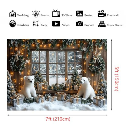 AIBIIN 7x5ft Winter Christmas Backdrop Window Snowy Xmas Pine Trees Forest View Photography Background Winter Christmas Cute Bear Gift Photo Backdrop - color: Bear, size: 7x5ft