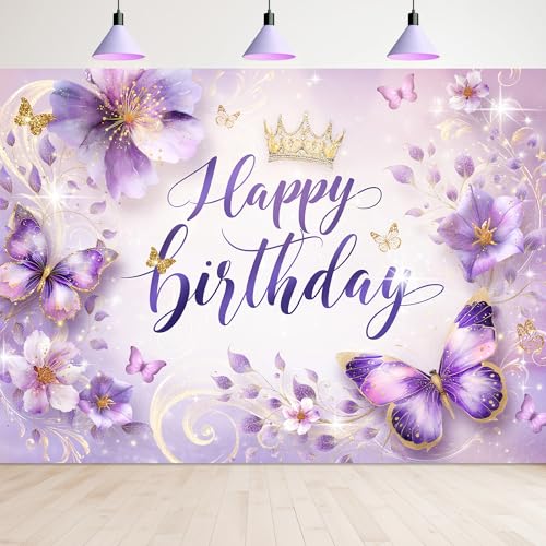 Newsely Purple Butterfly Happy Birthday Backdrop 7Wx5H Photography Lilac Floral Flower Gold Crown Girly Princess Background Fashion Elegant Bday Party Decorations Banner Photo Booth Props Supplies - color: I-Purple, size: 7Wx5H