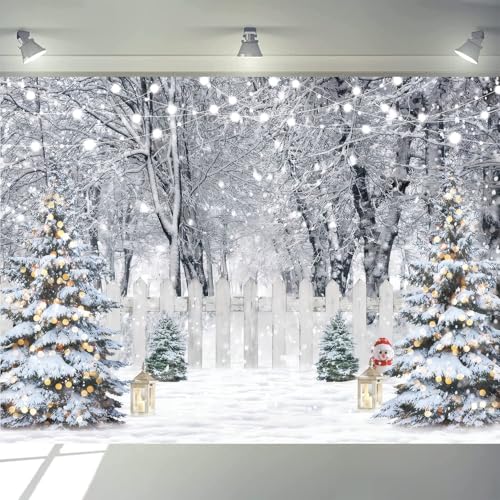8x6ft Christmas Backdrop Winter Snow Forest White Fence Background Christmas Trees String Lights Lantern Snowman Photography Backdrop Holiday Party Banner Home Decor 115 - size: 8x6ft