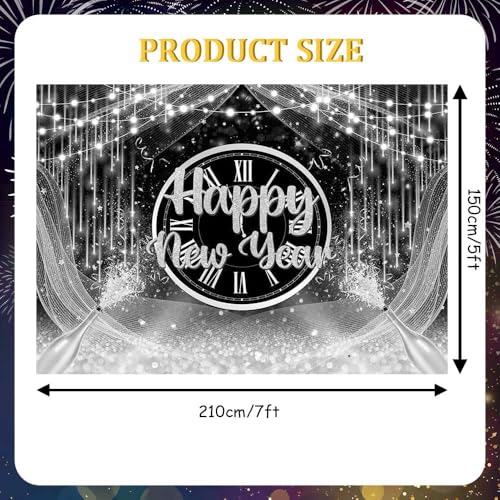AIBIIN 7x5ft Happy New Year Backdrop 2026 New Years Party Decorations Black Silver New Years Eve Annual Countdown Party Supplies Silver Family NYE Party Banner Photo Shoot Props - color: Black Silver, size: 7x5ft