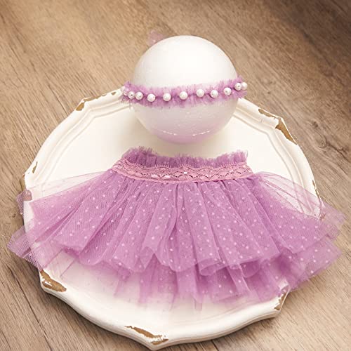 Newborn Baby Photography Props Outfits Girl Lace-Tulle Skirt Baby Girls Photo Prop Headdress for Newborn Girl Photoshoot - color: Purple