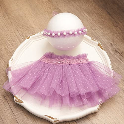 Newborn Baby Photography Props Outfits Girl Lace-Tulle Skirt Baby Girls Photo Prop Headdress for Newborn Girl Photoshoot - color: Purple