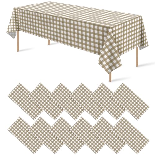 12 Pack Brown and White Plastic Checkered Tablecloth, Premium Decorative Disposable Tan Gingham Plaid Table Cloths for Parties, Rectangle Party Table Cover for Picnic Farm Birthday Fall, 54x108 Inch - color: Light Brown Checkered, size: 54"x108"-12 Pack