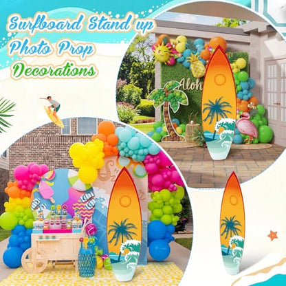 Yalikop 6 Ft Surfboard Cardboard Cutout Stand Up Photo Prop - Hawaiian Tropical Party Decorations Standee Surfboard Foam Board for Garden Yard Sign Decor Summer Beach Luau Photography Background - style: Ocean Waves
