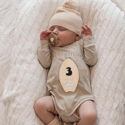 Wooden Surf Baby Monthly Milestone Cards - Beach First Year Monthly Milestone Markers, Ocean Waves Interchangeable Month Milestone Discs, Baby Photo Props