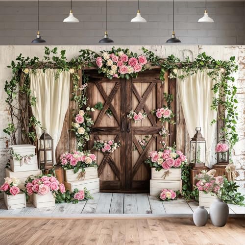 5X3FT Western Country Wedding Photography Backdrop Rustic Floral Wooden Barn Door Background White Curtains Anniversary Party Decorations Shabby Chic Bridal Banner Valentine's Photo Booth Props - color: White, size: 5X3FT