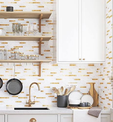 Yipscazo 10 Sheets Peel and Stick Stone Metal Tile Backsplash, Stick on Tiles for Backsplash Kitchen, Bathroom, Laundry Room, Camper, Fireplace (12'' X 12'', White Stone with Gold) - color: White Stone with Gold