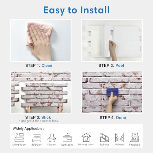 COMSTICKC 3D Faux Brick Wall Panel Red-Tinted White, Peel and Stick Wall Covering, 12 Pcs of 22.8" x 11.8", Not Real Brick, UrltraLight PVC Self Adhesive Wall Tile, Paintable, Covers 22.48 sq.ft - color: Red-Tinted White