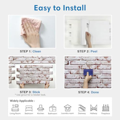 COMSTICKC 3D Faux Brick Wall Panel Red-Tinted White, Peel and Stick Wall Covering, 12 Pcs of 22.8" x 11.8", Not Real Brick, UrltraLight PVC Self Adhesive Wall Tile, Paintable, Covers 22.48 sq.ft - color: Red-Tinted White