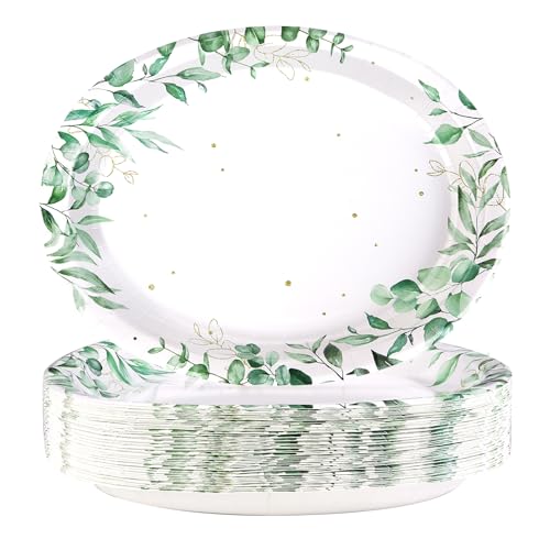 50Pcs Sage Green Oval Paper Plates 10" x 12" Large Disposable Heavy Duty Watercolor Eucalyptus Paper Platters Sage Floral Green Leaves Dessert Plates for Baby Shower Picnic Wedding Dinner Supplies - style: 50Pcs Spring Eucalyptus Oval Plates