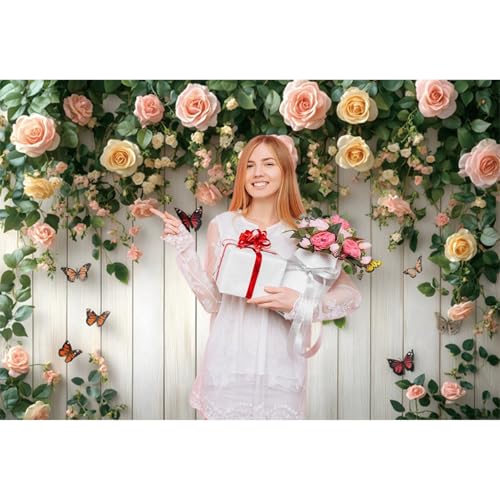 5x3ft Wooden Flower Backdrops for Photography Spring Botanical Green Leaves Butterfly Farmhouse Background for Engagement Bridal Shower Baby Shower Birthday Wedding Party Decoration Supplies - color: pink and white-1, size: 5x3ft