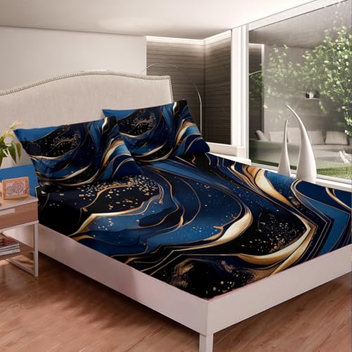 Feelyou Geometric Bed Sheets Set Twin Size Modern Art Bedding Set for Kids Boys Girls Modern Marble Aesthetic Sheets with Deep Pocket Fitted Sheet Abstract Marble Texture Printed Bedding Set - color: Dark Blue, size: Twin