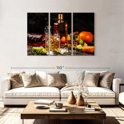 ElephantStock - Citrus Whiskey And Cigar Wall Art - Horizontal Multi Panel Canvas - 3 Piece Living Room Wall Decor - Photography Food And Drink Multi Piece Wall Art - Brown And Gray Decor - 74" x 48" - size: 74L" x 48W"