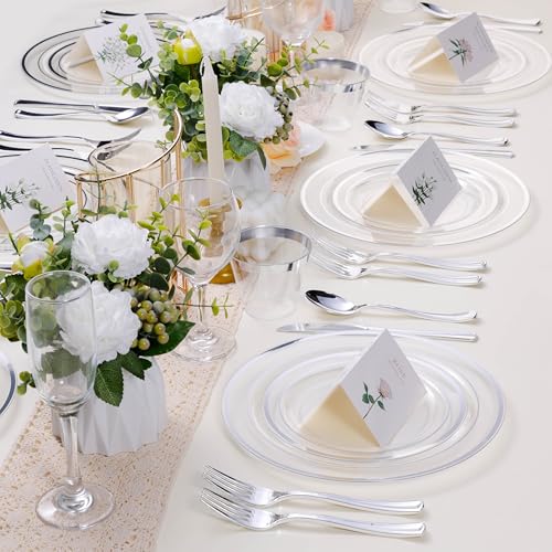 BESTSTAR 7 Inch Clear with Silver Rim Plastic Plates,100PCS Disposable Dessert/Appetizer/Small Cake Plates,Heavy Duty Plate Ideal for Wedding and Birthday Party - color: Clear Silver, size: 7 inch