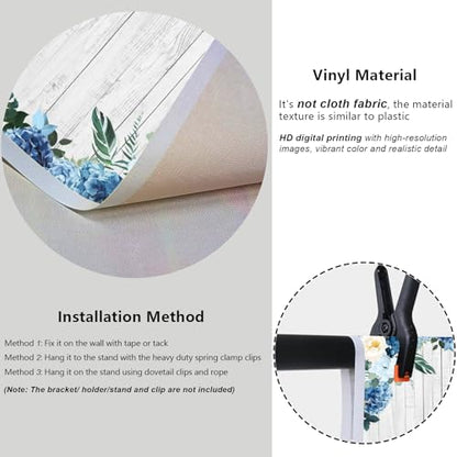 YongFoto Boho Rustic Wood Plank Wall Backdrop 9x6ft Blue Floral Hydrangeas Camellia Flowers Green Leaves Plants Spring Photography Background Birthday Wedding Bridal Baby Shower Party Banner - size: 9x6ft