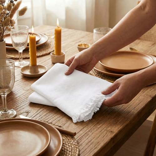 ACCENTHOME White Cotton Linen Napkin Set of 12 18x18 inch Dinner Napkins - Washable Soft Premium Hotel Quality Reusable Hemmed Edges Napkins Perfect Table Linens for Family Dinners, Weddings - color: 12 - White, size: 18"x18" - Pack of 12