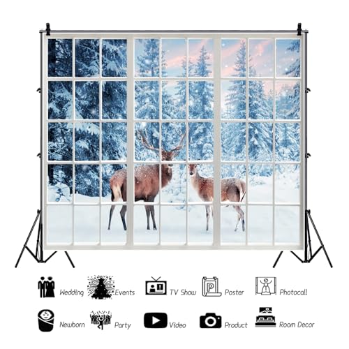 10x8ft Winter Reindeer Backdrop Snow Forest Window View Photography Backdrop Snow Wonderland Background Photo Prop Christmas Winter Tapestry for Wall Decor - size: 10x8ft-Polyester