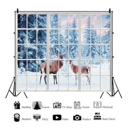 10x8ft Winter Reindeer Backdrop Snow Forest Window View Photography Backdrop Snow Wonderland Background Photo Prop Christmas Winter Tapestry for Wall Decor - size: 10x8ft-Polyester