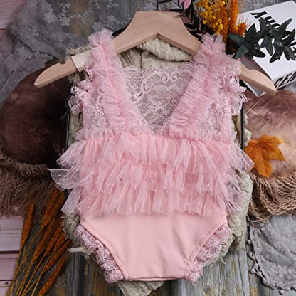 Baby Photography Props Outfit Lace Rompers Newborn Girl Photo Shoot Outfits Flower Headband Princess Costume - color: Pink B