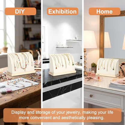 2 Pieces Cambered Wooden Necklace Display Stand with Soft Mat Necklace Holder Jewelry Display Beige Velvet Jewelry Organizer for Countertop Boutique Home