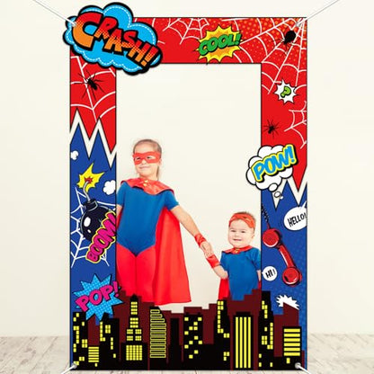 Fabric Comic Hero Photo Prop Super Theme Hero Birthday Party Decoration Red Spider Web Backdrop Banner Cityscape Theme Photo Booth Frame Background for Kids Birthday Party Supplies 62x41inch