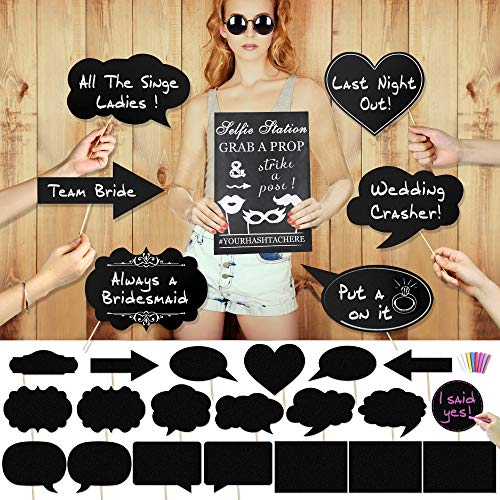 Konsait Large Size Blank Paper Chalk Board Sign Photo Booth Props(20pcs), Wedding Bachelorette Party Photo Booth Props Kit Card Black Board with Colorful Chalk for Wedding Bachelorette Party Supplies