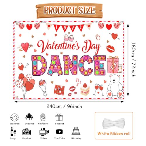 AIBIIN Valentines Day Backdrop Happy Valentine's Day Dance Party Banner Decorations Red Heart Valentines Day Party Decor Backdrops for Photography 8x6ft - color: White, size: 94.5 x 70.8inch