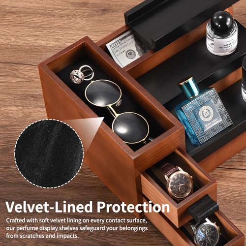 Perfume Stand Organizer for Men, 3 Tier Perfume Display Shelf with Velvet Lining Drawer and Hidden Compartment (Walnut Black - 2 Drawer) - style: 2 drawer - BlackWalnut