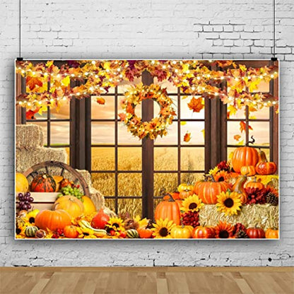 Fall Thanksgiving Backdrop for Photography Autumn Window Pumpkin Harvest Photo Backdrop 10x8ft Maple Leaves Haystack Wheat Field Harvest Background Birthday Party Event Studio Props Banner - color: NWH20204