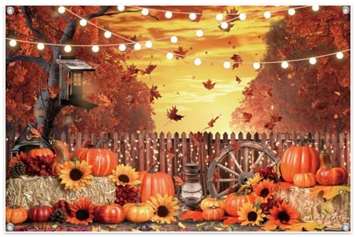 Leowefowa Fall Banner 6x4ft Polyester Harvest Hay Farm Pumpkin Patch Backdrop Sunflower Maple Photo Backdrops Thanksgiving Banner Decorations for Party - color: Gold, size: 6x4ft
