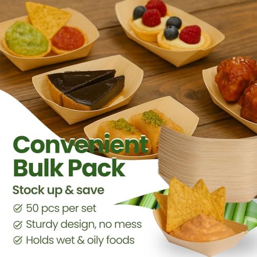 Dtocs 135mm Disposable Wooden Boat Plates 50 Pcs. Biodegradable Wood Serving Boats | Eco-Friendly Food Boats for Sushi, Desserts, Appetizers, Snacks | Alternate to Plastic, Bamboo, Paper Plates - size: 135mm-50 Pcs