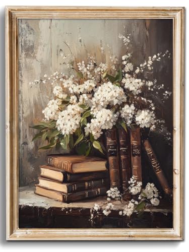 uniro Vintage Wall Art Prints, Moody Books and Flowers Wall Painting Canvas Prints, Antique Dark Academia Decor, Vintage Art Pictures Aesthetic Wall Decor for Bedroom Gallery Bathroom decor( 8" x 10"-UNFRAMED) - color: Books and Flowers