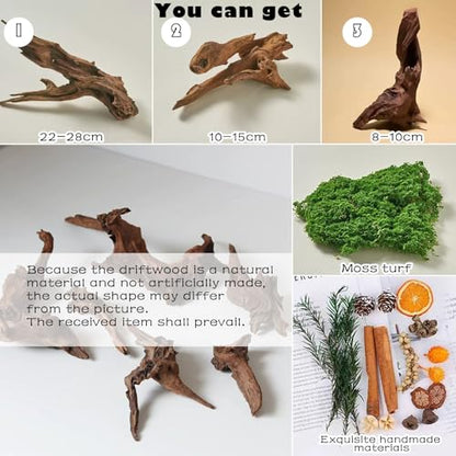 14PCS Product Photography Props：Natural Sunken Wood Photography Props with Imitation Moss Dried Flowers- Small Items Photo Props for Jewelry Cosmetics Perfume