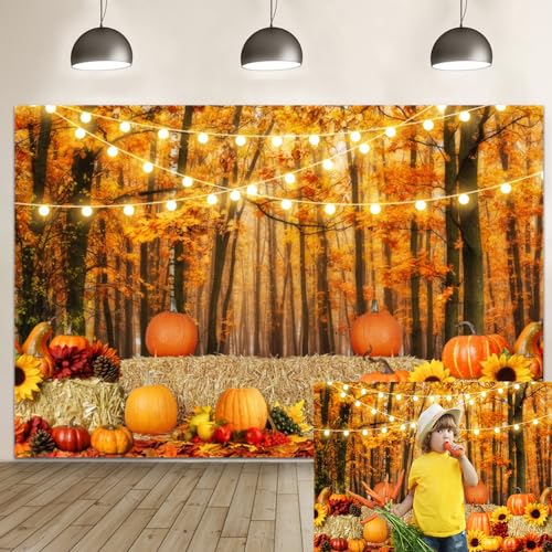 Thanksgiving Fall Backdrop for Photography 10x8ft Maple Forest Pumpkin Hay Photo Backdrop Autumn Thanksgiving Harvest Photoshoot Background Kids Baby Adult Fall Theme Party Birthday Banner - color: NSW09651