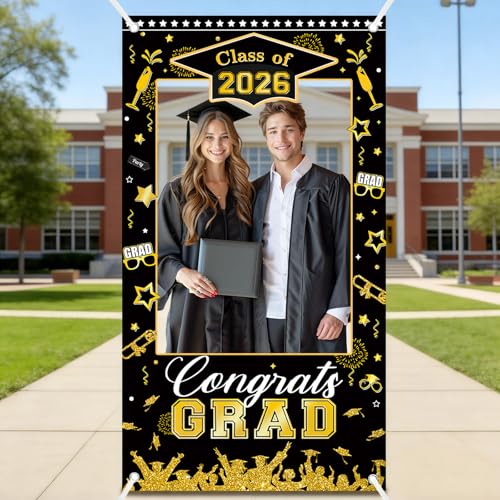 AIBIIN Class of 2026 Graduation Photo Backdrop Black and Gold Graduation Decorations Congrats Grad Party Decoration for High School College
