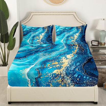 Erosebridal Blue Marble Fitted Sheet, Stone Pattern Fluid Bedding Set Queen for Kids Boys Teens Adult,Gold Glitter Abstract Marbling Bed Sheets Metallic Marble Texture Sheets,2 Pillow Cases - color: Aqua Blue Gold, size: Queen