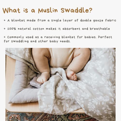 Mini Wander Swaddles for Newborns Muslin Swaddle Blankets - Breathable Soft Gender Neutral Receiving Blanket Baby Essentials | 47 x 47 Cotton - Leafy Sprig (Gray) - color: Leafy Sprig (Gray)