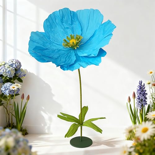 Giant Crepe Paper Flowers,5.8ft Large Paper Poppy Flowers with Base,Oversized Artistic Paper Floral Decor for Wedding,Photography Props (Sky Blue, Standing Flower with Base 1 Piece) - color: Sky Blue