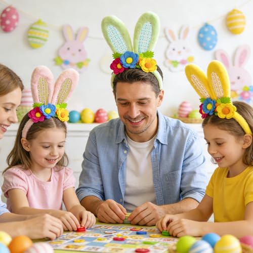 3 Pack Luxurious Easter Bunny Ears Headband Cute Plush Rabbit Ears for Kids Adult Cosplay Birthday Party Supplies - color: 3pcs Headband With Flowers-1