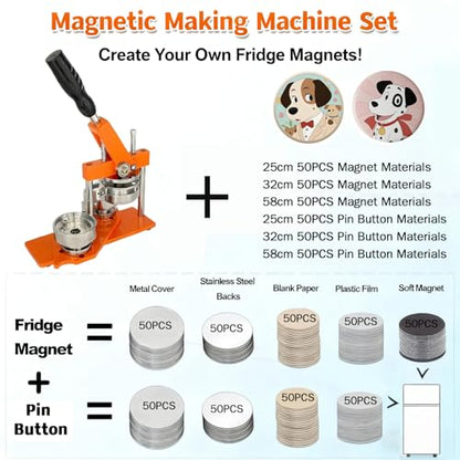 1+1.25+2.28in Round Fridge Magnet Maker Machine, Button Maker Press Kit with Photo Cutter + 150 Set Magnet + 150 Set Pin Materials+ 100 Sheets of Photo Paper