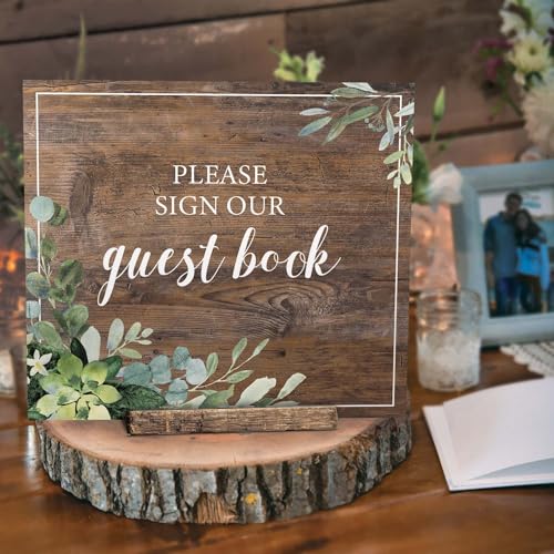 Lush Greenery Please Sign Our Guestbook Sign / 8" x 9" Flat Rustic Faux Wood Wedding Guest Signature Sign/Modern Floral Plastic Table Top Plaque/Made In The USA - color: Lush Greenery, style: Guestbook