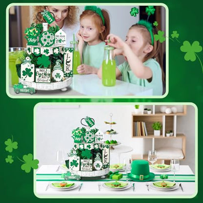 Beeveer 15 Pcs St. Patrick's Day Tiered Tray Decor Set Shamrock Gnome Wooden Sign Rustic Irish Themed Table Centerpiece Tabletop for Home Office Kitchen(Gnomes) - style: Gnomes