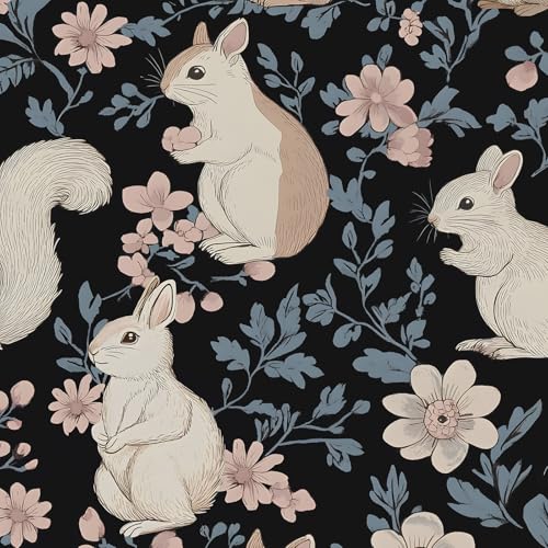BOKEBEVE Black Animal Wallpaper Boho Wallpaper Peel and Stick Squirrel Contact Paper Vintage Forest Wall Paper Removable Waterproof Renter Friendly Wall Decor for Bathroom Kids Room 17.5 x 118In - color: Black/Blue, size: 17.5" x 118"
