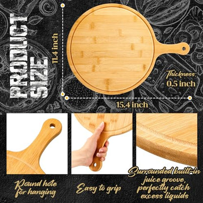 Nuenen 10 Pcs Round Wood Cutting Board with Handle Bamboo Wooden Serving Kitchen Chopping Boards for Pizza, Bread, Cheese, Charcuterie, Fruit, Vegetables(Bamboo)