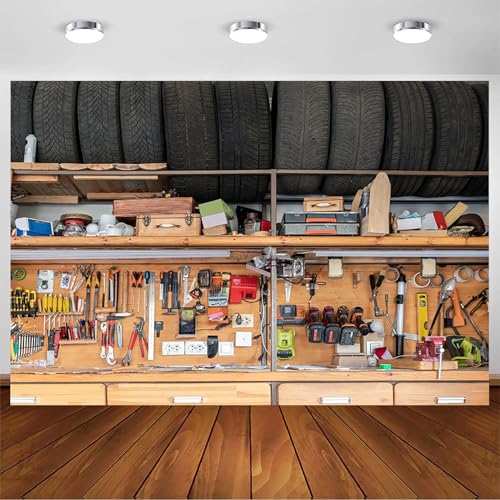 6x4ft Garage Backdrops Vintage Garage Car Repair Room Photography Background Tool Holder Wrench Measuring Ruler Photo Shooting Props - size: 6x4ft