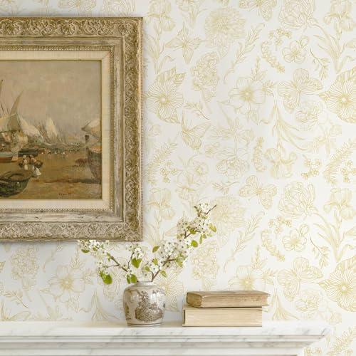 Gold Wallpaper Floral Peel and Stick Wallpaper White and Gold Wall Paper Laundry Room Contact Paper Self-Adhesive Removable Nursery Kids Room Bathroom Bedroom Shelf Liner Vinyl 78.7" x 17.3" - color: Yellow and Beige, size: 17.3" x 78.7"