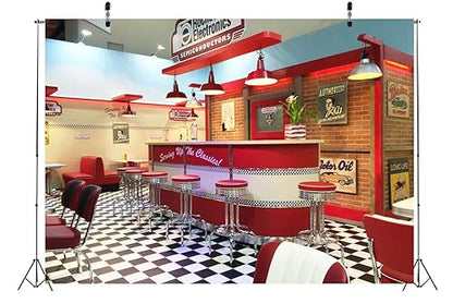 BELECO 12x8ft Fabric Retro 50s Diner Backdrop Classic 1950s Fast Food Soda Shop Restaurant Rockin Dinner Party Dining Background 50s Diner Party Supplies Banner Photo Booth Studio Props - size: 12x8ft