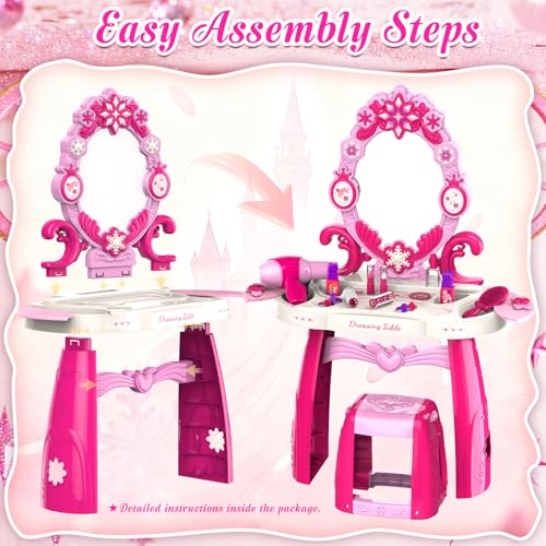 Toddler Vanity Kids Vanity Table and Chair Set, Girls Makeup Table with Mirror Lights & Music, Pretend Play Dress Up Toys with Hair Dryer, Princess Crown & Wand, Storage Bag, Gifts for Girls Age 3 4 5